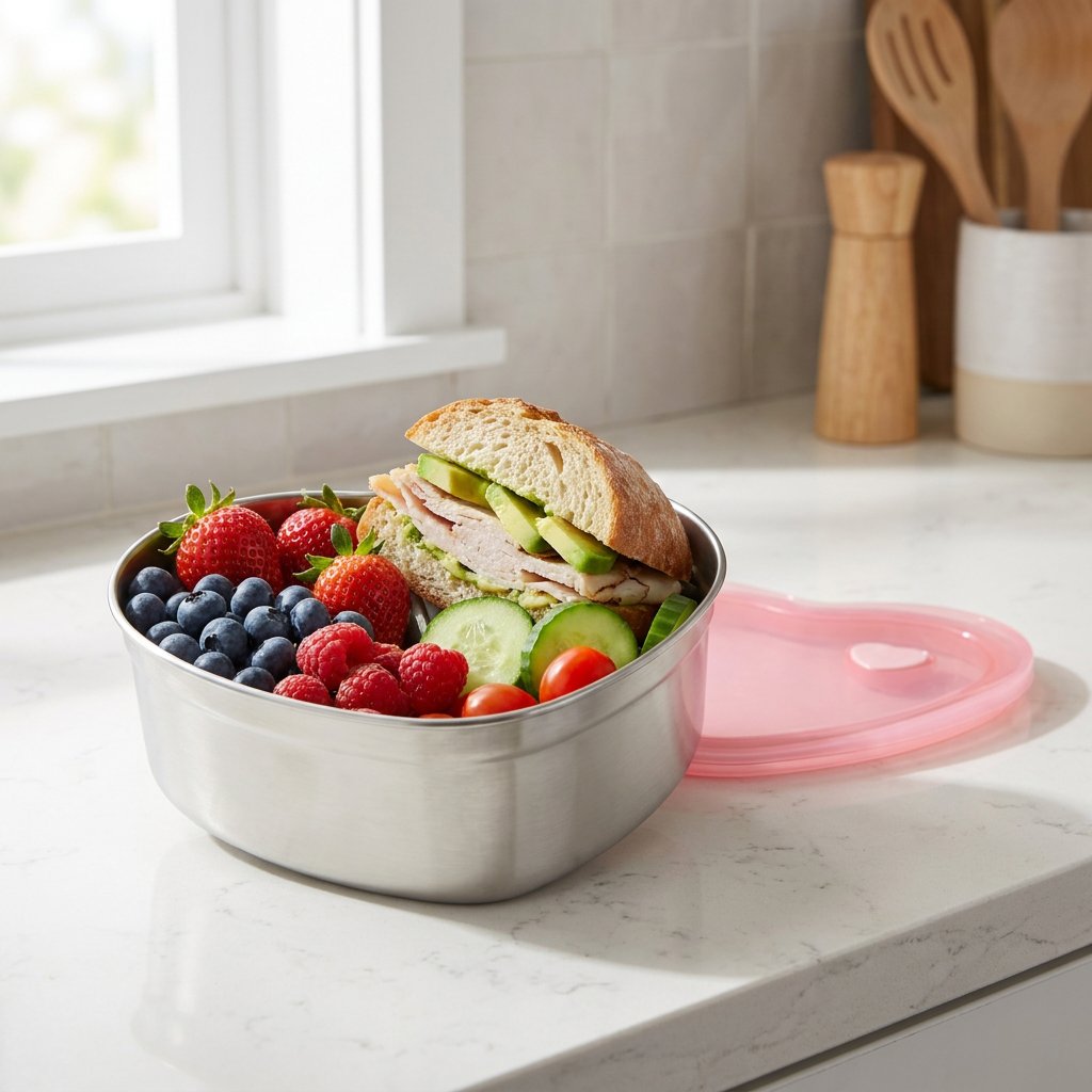 Heart-Shaped Stainless Steel Food Container filled with a sandwich and fresh berries on a kitchen counter