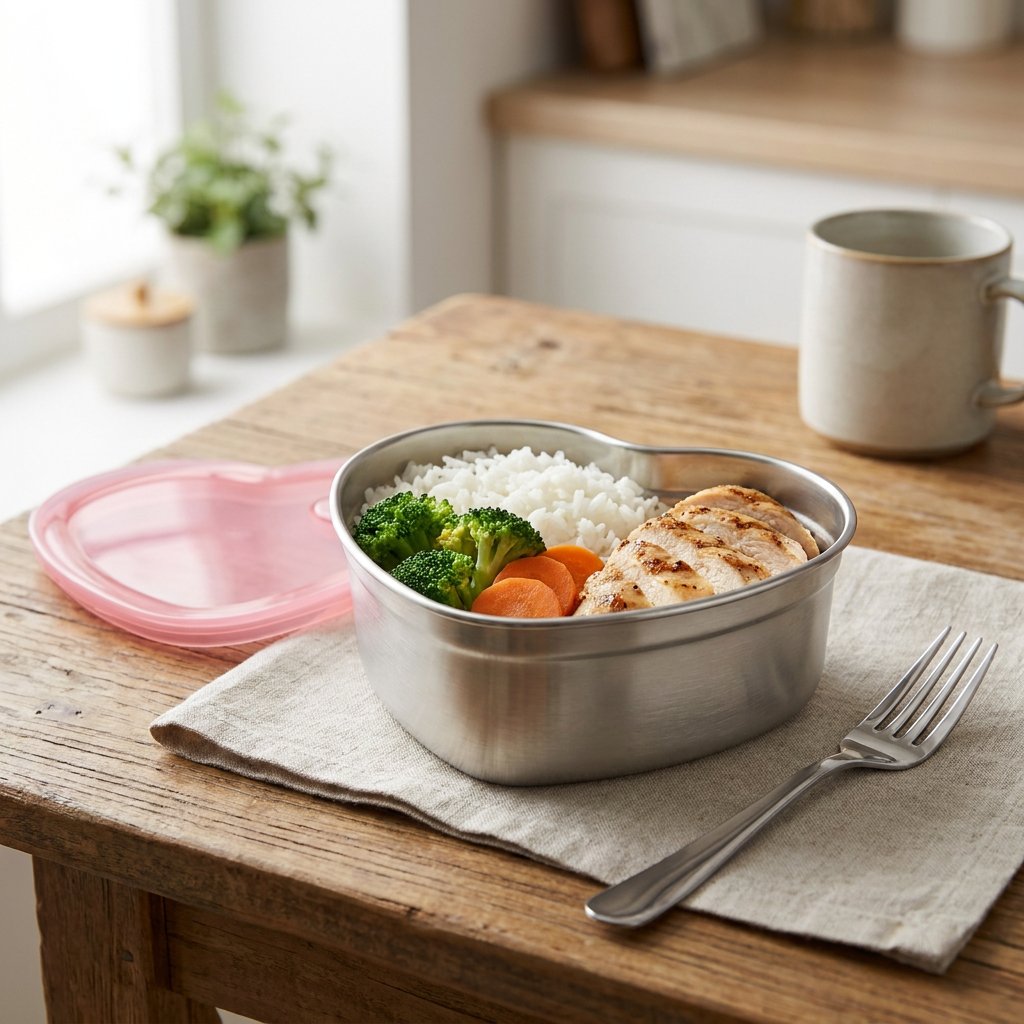 Heart-Shaped Stainless Steel Food Container filled with chicken, rice, and vegetables on a wood table with a fork
