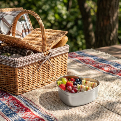 Heart-Shaped Stainless Steel Food Container filled with fruit and sandwiches on a picnic blanket next to a wicker picnic basket