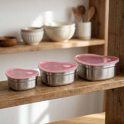 Heart-Shaped Stainless Steel Food Containers in three sizes with pink lids displayed on a wood shelf next to ceramic bowls