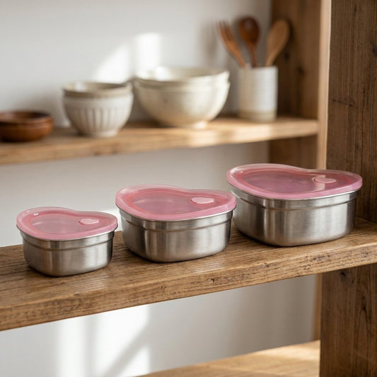 Heart-Shaped Stainless Steel Food Containers in three sizes with pink lids displayed on a wood shelf next to ceramic bowls