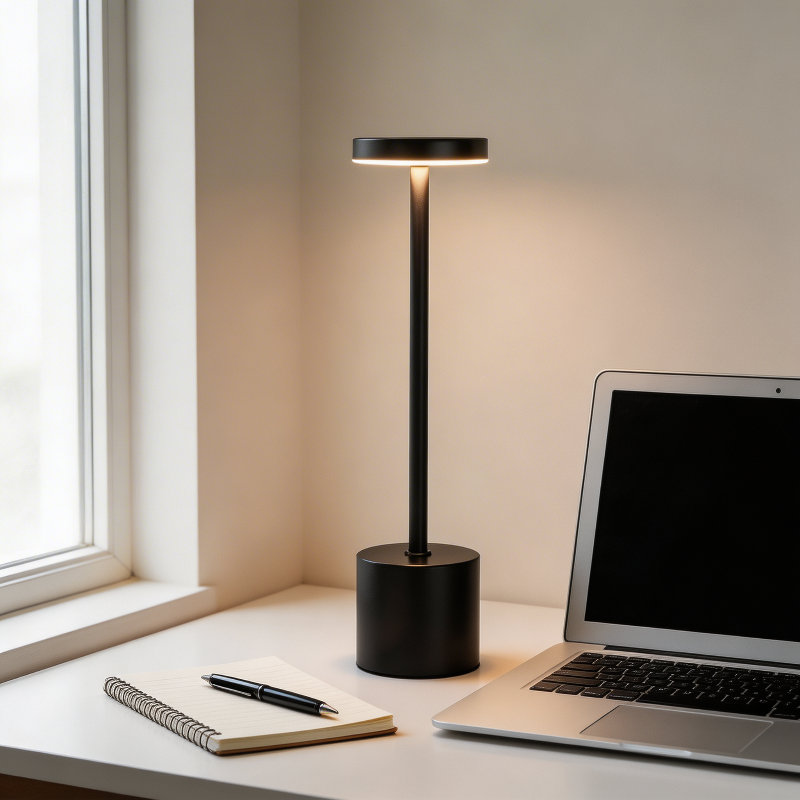 Black table lamp on a desk with a laptop and notebook next to it.