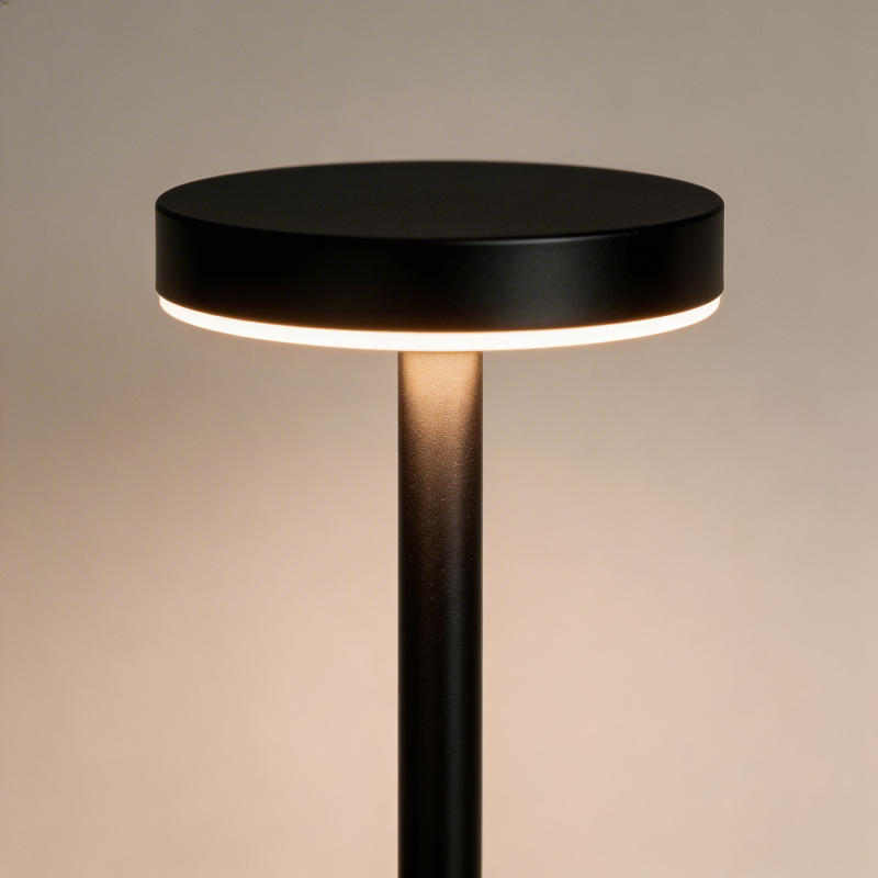 Modern black floor lamp with a round top on a neutral background