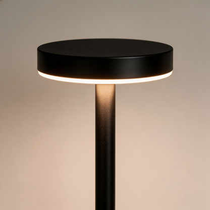 Modern black floor lamp with a round top on a neutral background
