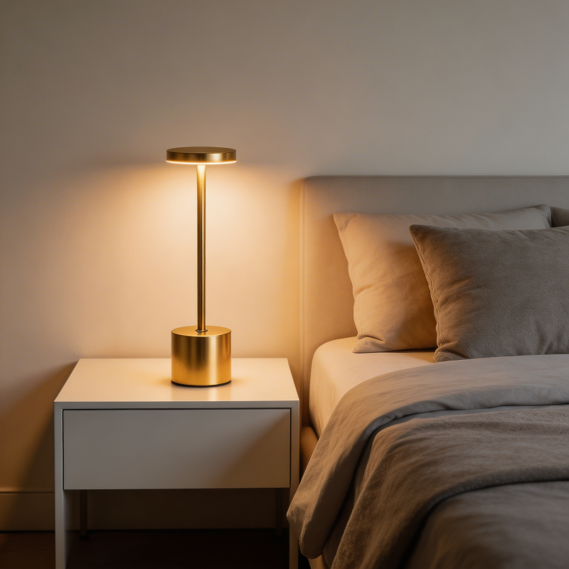 Gold table lamp on a nightstand next to a bed with pillows