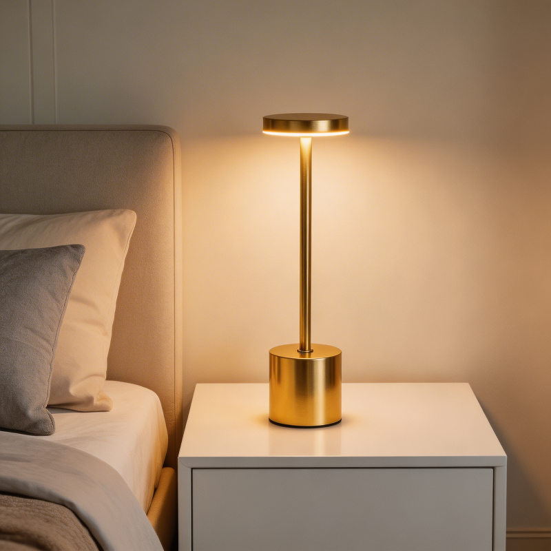 Gold table lamp on a nightstand next to a bed with neutral bedding.