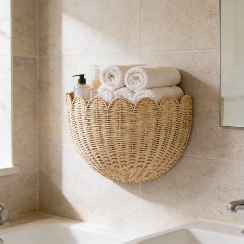 Wicker basket with rolled towels and bottles on a bathroom wall