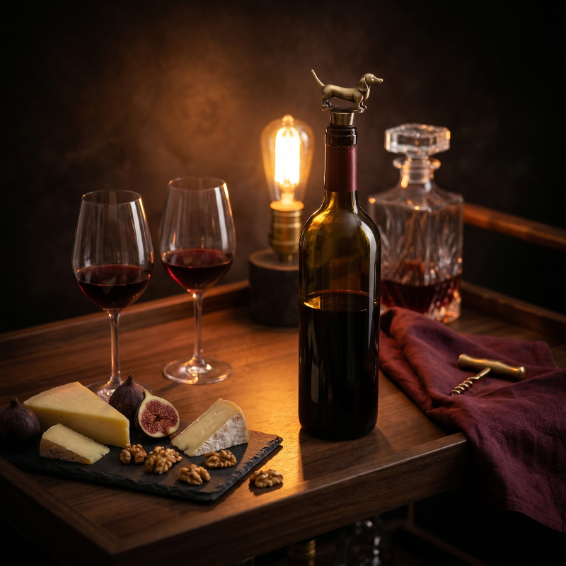 Wine bottle with dachshund shaped bottle stopper, glasses, and cheese platter on a wooden table with a warm ambiance.