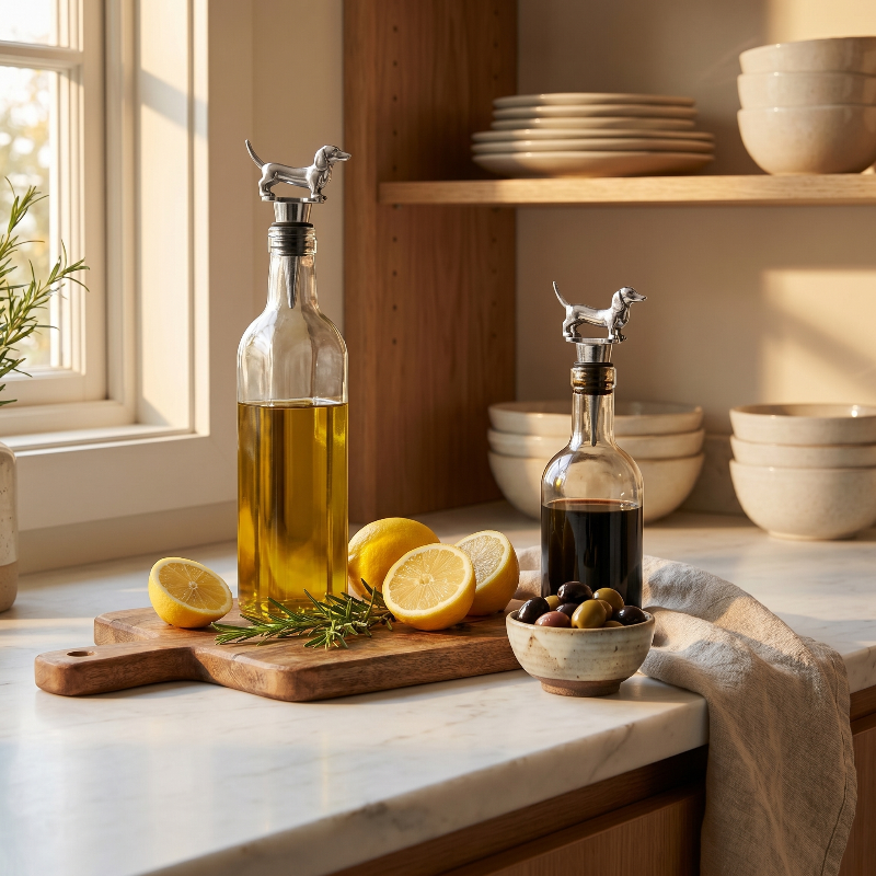 Two glass bottles with metal dachshund dog-shaped bottle stoppers on a kitchen counter with lemons and olives.
