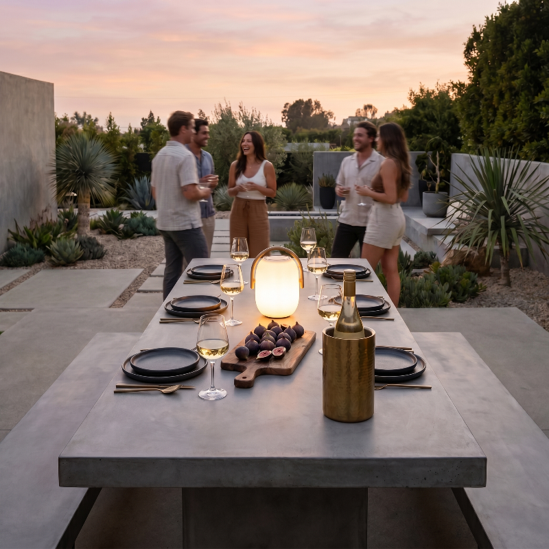 Group of people enjoying a dinner party outdoors with a bottle of wine and glasses on a table with a sunlume solar light.