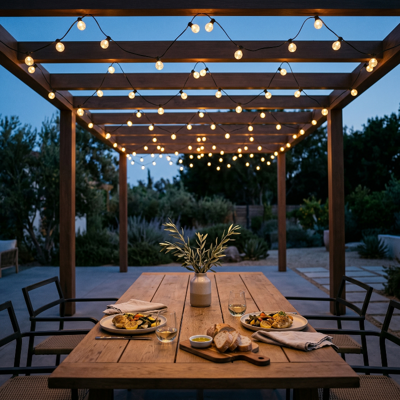 Outdoor dining setup under a wooden pergola with string lights at dusk.