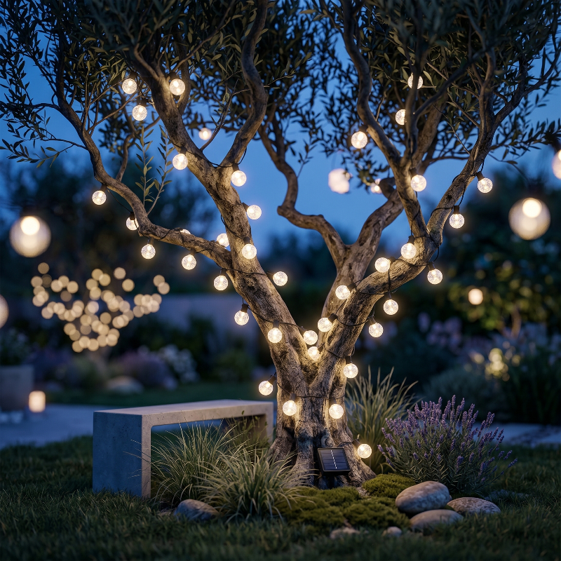 Tree decorated with string lights in a garden setting at night