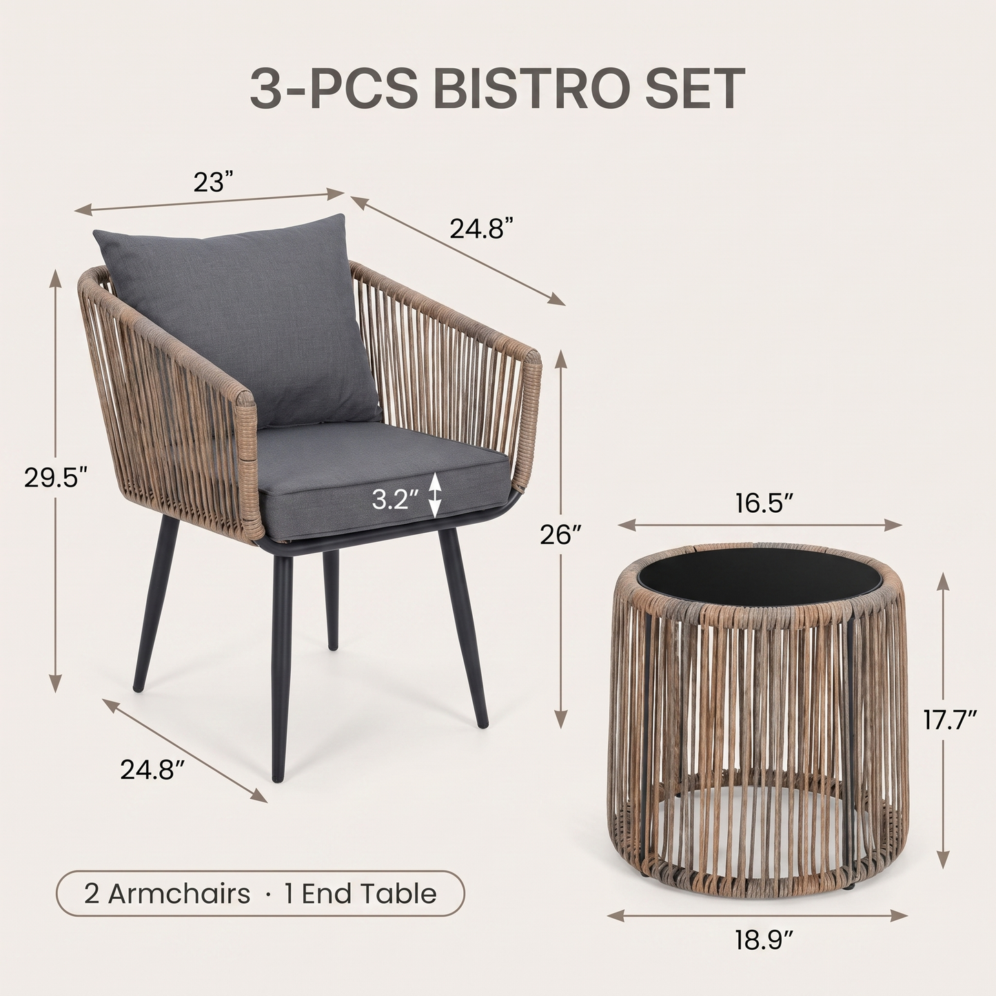 3-piece bistro set with armchairs and a side table, including dimensions on a white background.