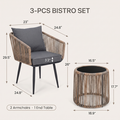 3-piece bistro set with armchairs and a side table, including dimensions on a white background.