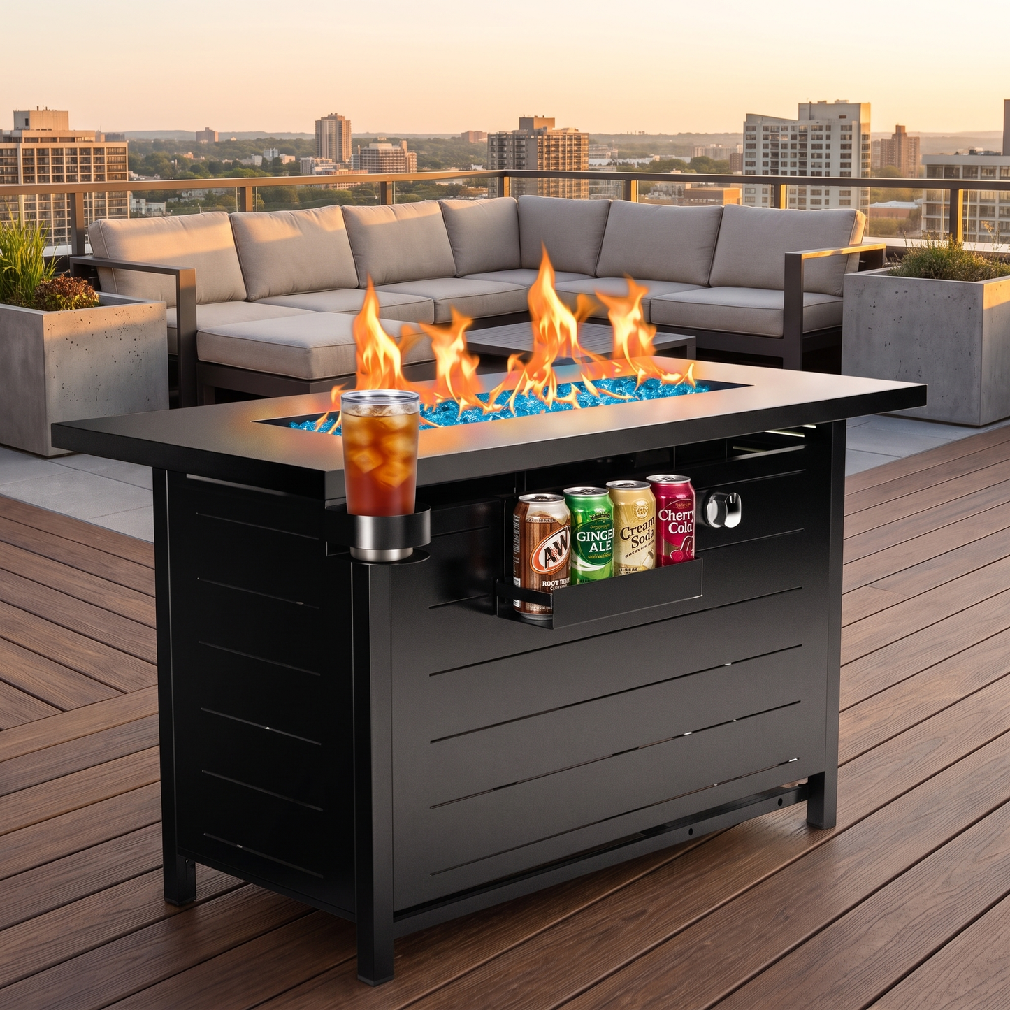 Outdoor fire pit table with drinks on a rooftop deck with cityscape in the background