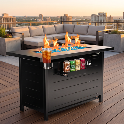 Outdoor fire pit table with drinks on a rooftop deck with cityscape in the background