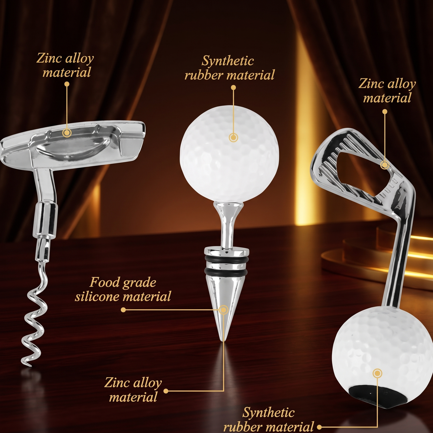 Golf ball corkscrew set with material labels on a wooden surface