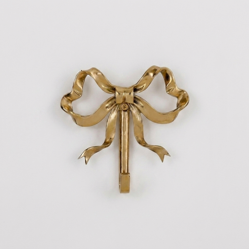 Large gold bow-shaped wall hook on a plain studio background