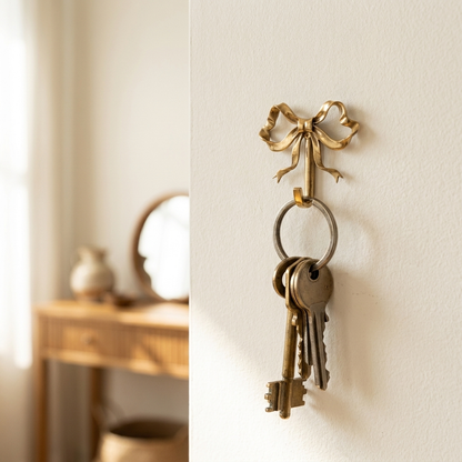 Small gold bow-shaped wall hook holding a key ring with keys on an entryway wall above a console table