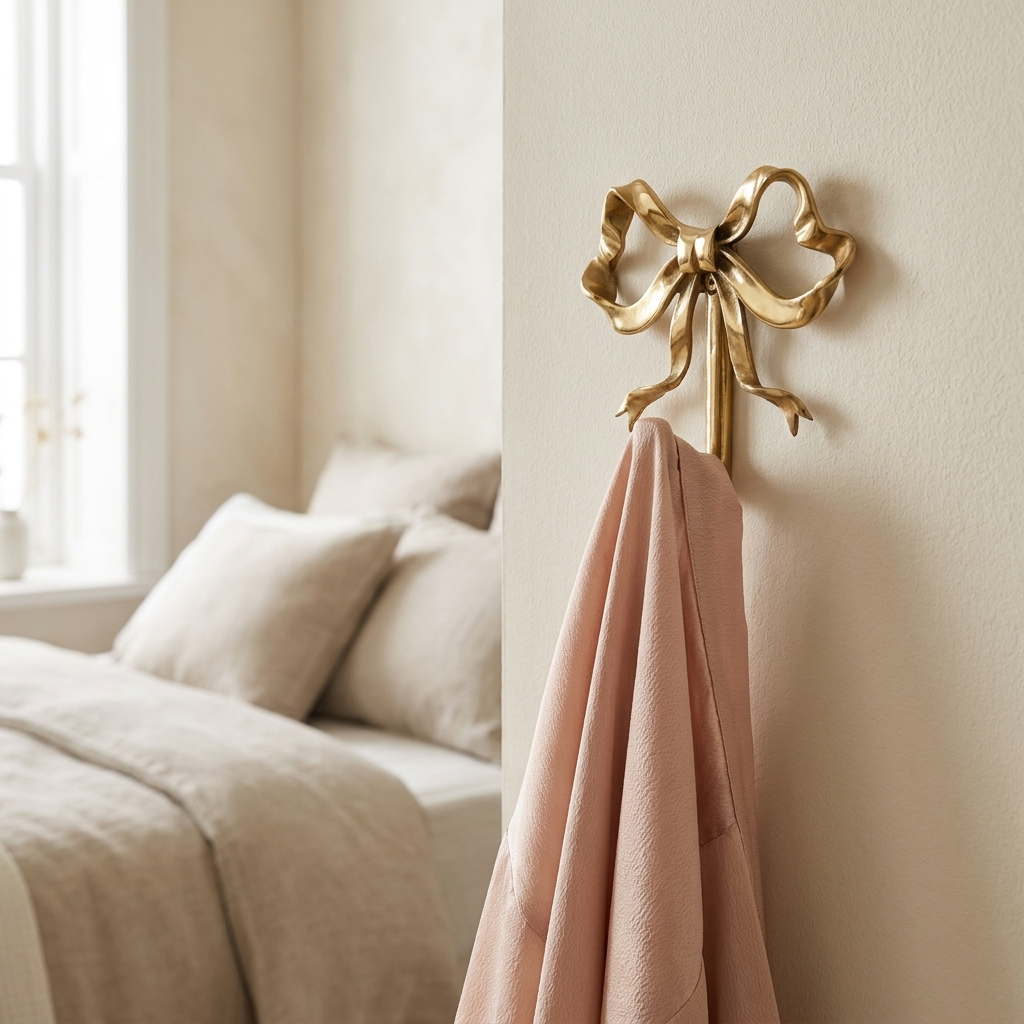 Gold bow-shaped wall hook holding a blush robe on a cream bedroom wall beside a bed