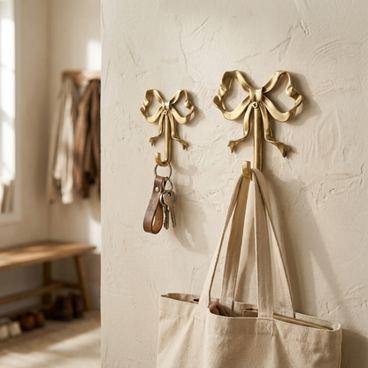 Small and large gold bow-shaped wall hooks on a cream plaster entryway wall, holding a key ring and a canvas tote