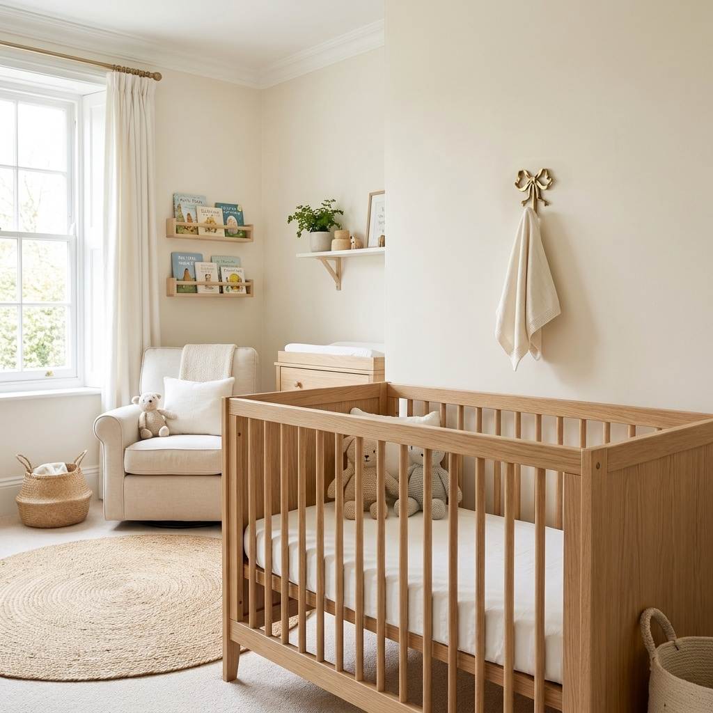 Gold bow-shaped wall hook holding a muslin towel on the wall above a crib in a nursery