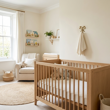Gold bow-shaped wall hook holding a muslin towel on the wall above a crib in a nursery