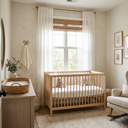 Gold bow-shaped wall hook holding a knit towel on the wall of a nursery with a crib and rocker