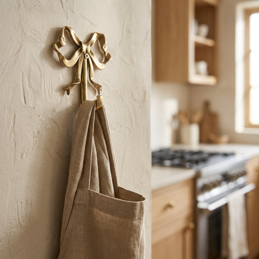 Gold bow-shaped wall hook holding a linen tote on a plaster wall in a kitchen