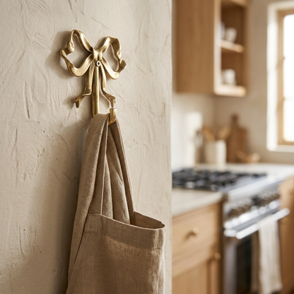 Gold bow-shaped wall hook holding a linen tote on a plaster wall in a kitchen