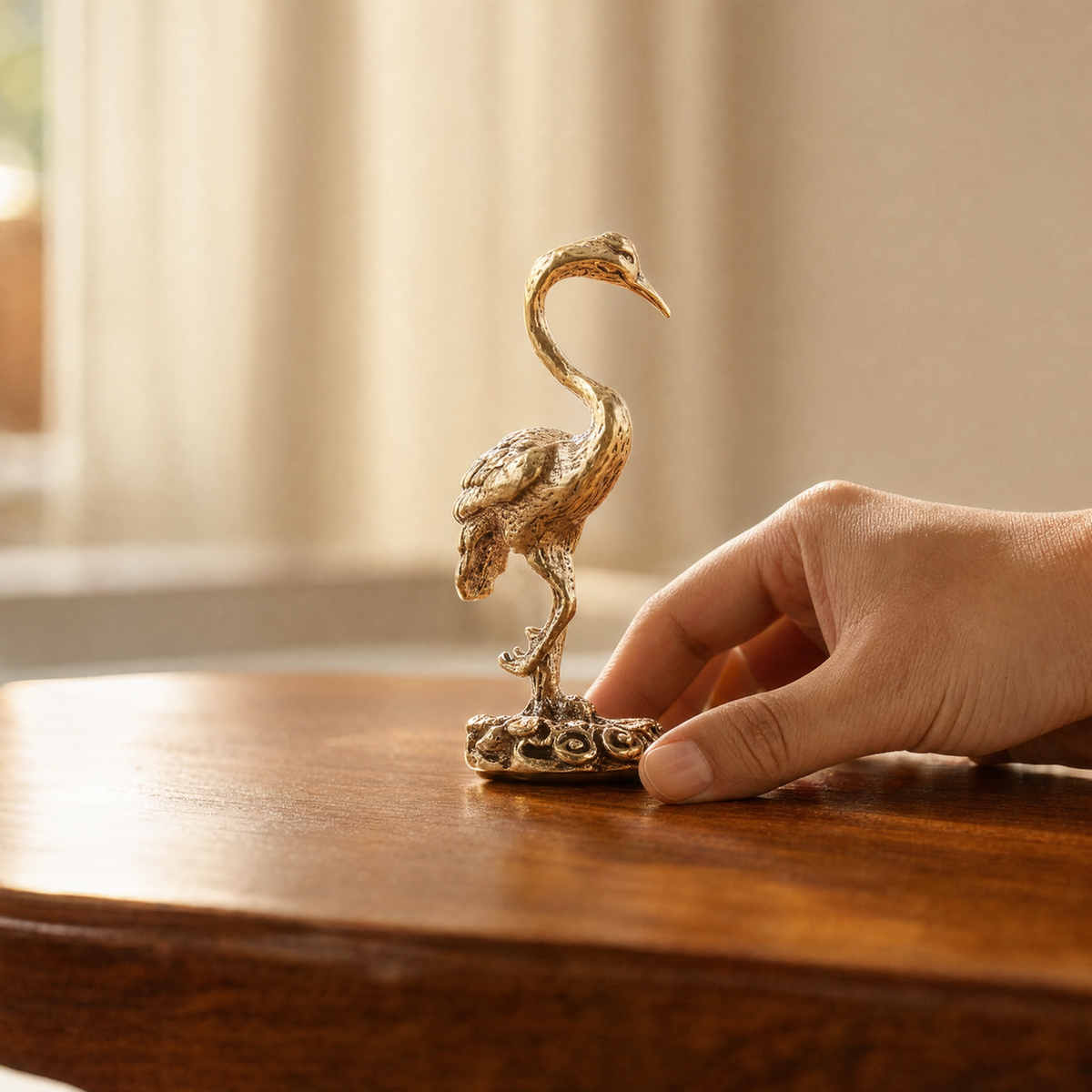 Gold brass crane figurine on a polished wooden table with a hand beside its base for scale