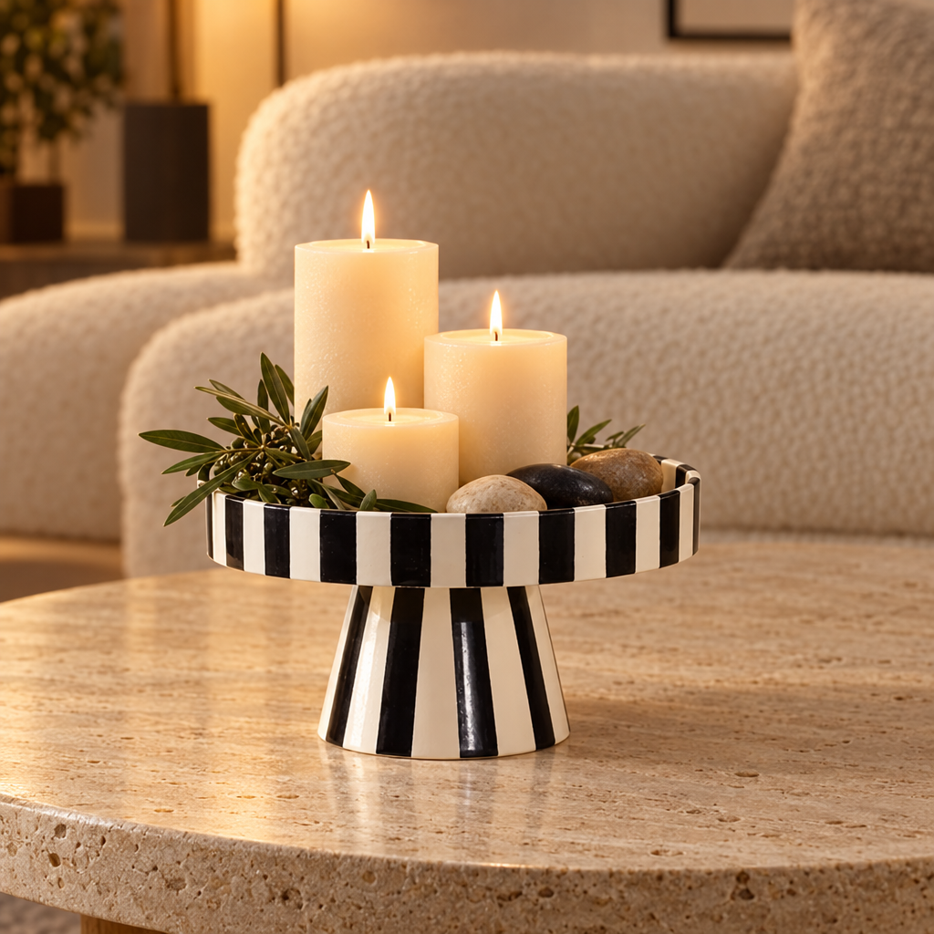 Black and white striped pedestal tray holding three ivory pillar candles and green sprigs on a round stone side table in front of a cream sofa