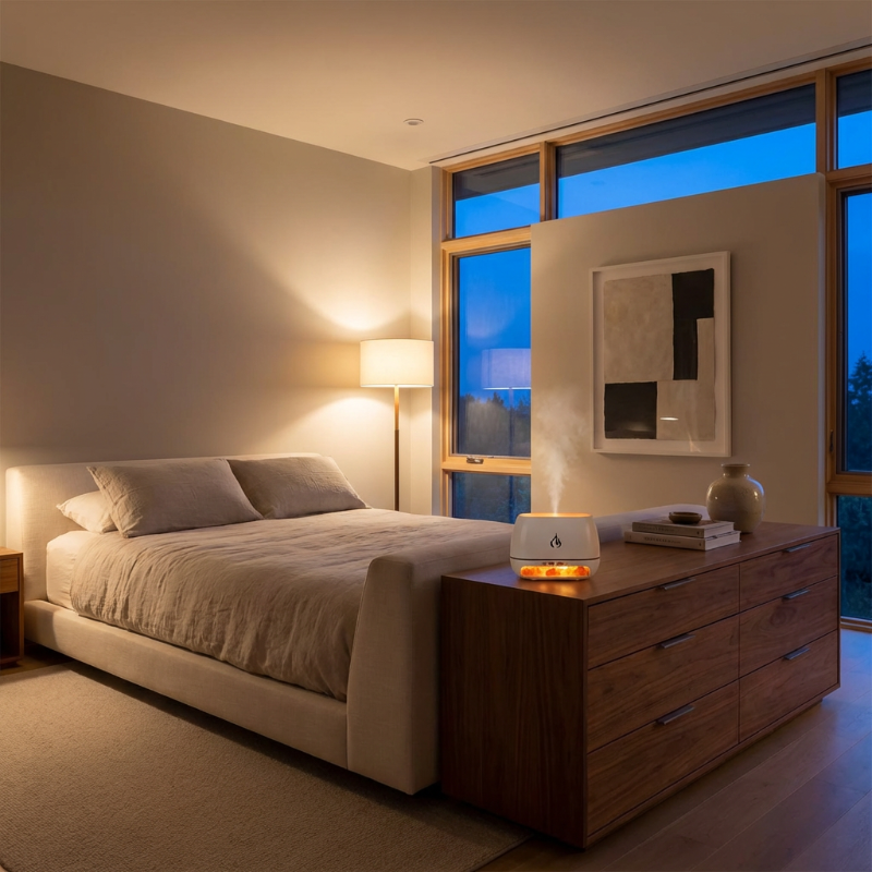 Modern bedroom with a bed, nightstand, and dresser.
