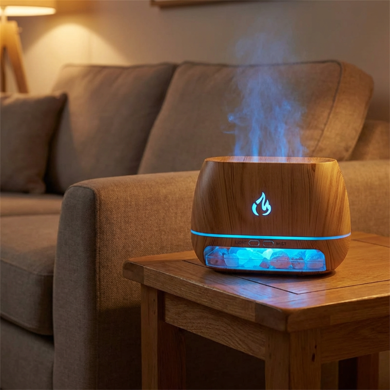 Wooden diffuser emitting steam on a wooden table with a couch in the background