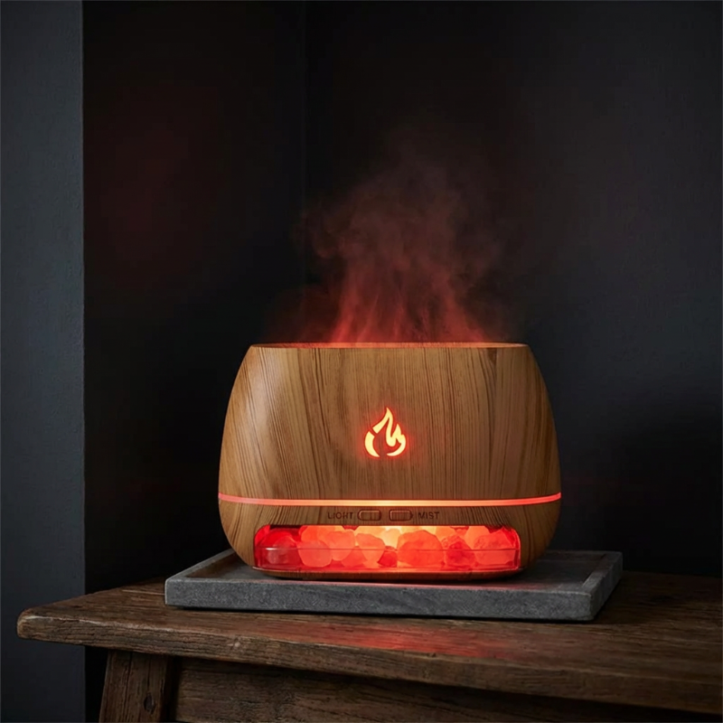 Wooden diffuser with flames on a dark background