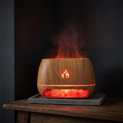 Wooden diffuser with flames on a dark background