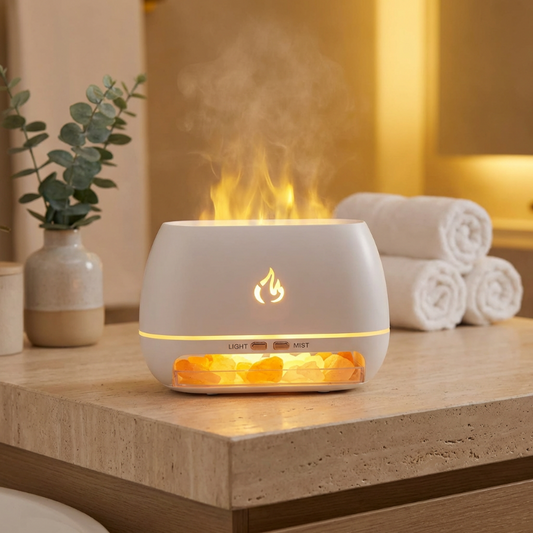 White diffuser with flame design on a wooden surface, surrounded by towels and a plant.