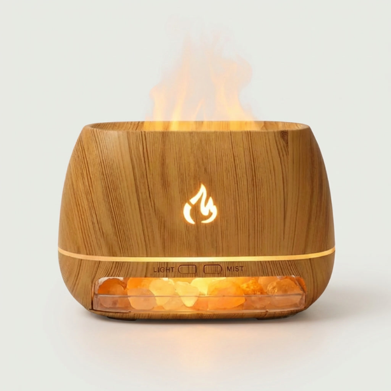 Wood grain Himalayan salt humidifier and diffuser on white background