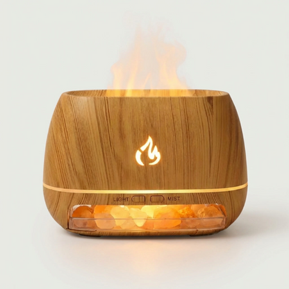 Wood grain Himalayan salt humidifier and diffuser on white background