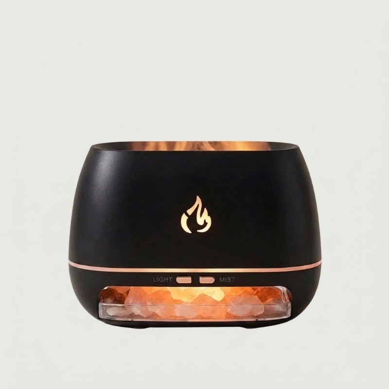 Black Himalayan salt humidifier and diffuser on white background