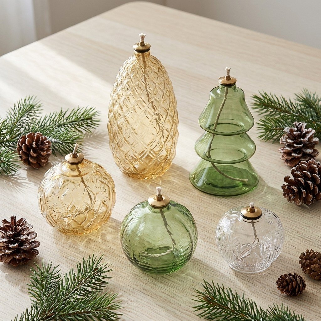 Five styles of Holiday Glass Oil Lamps, Pinecone, Gold Ornament, Tree, Green Ornament, and Clear Ornament, displayed together on a table with pine branches
