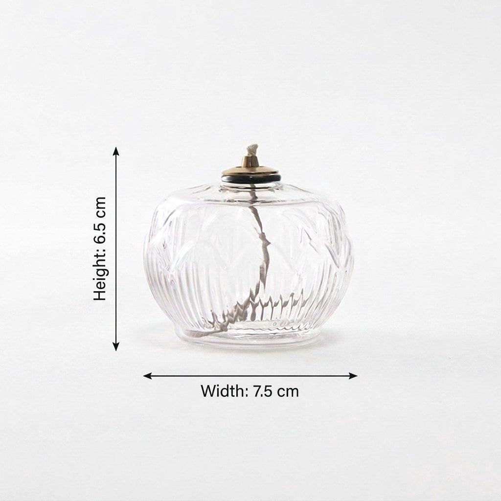 Clear Ornament glass oil lamp dimensions: 2.6in/6.5cm height, 3in/7.5cm width