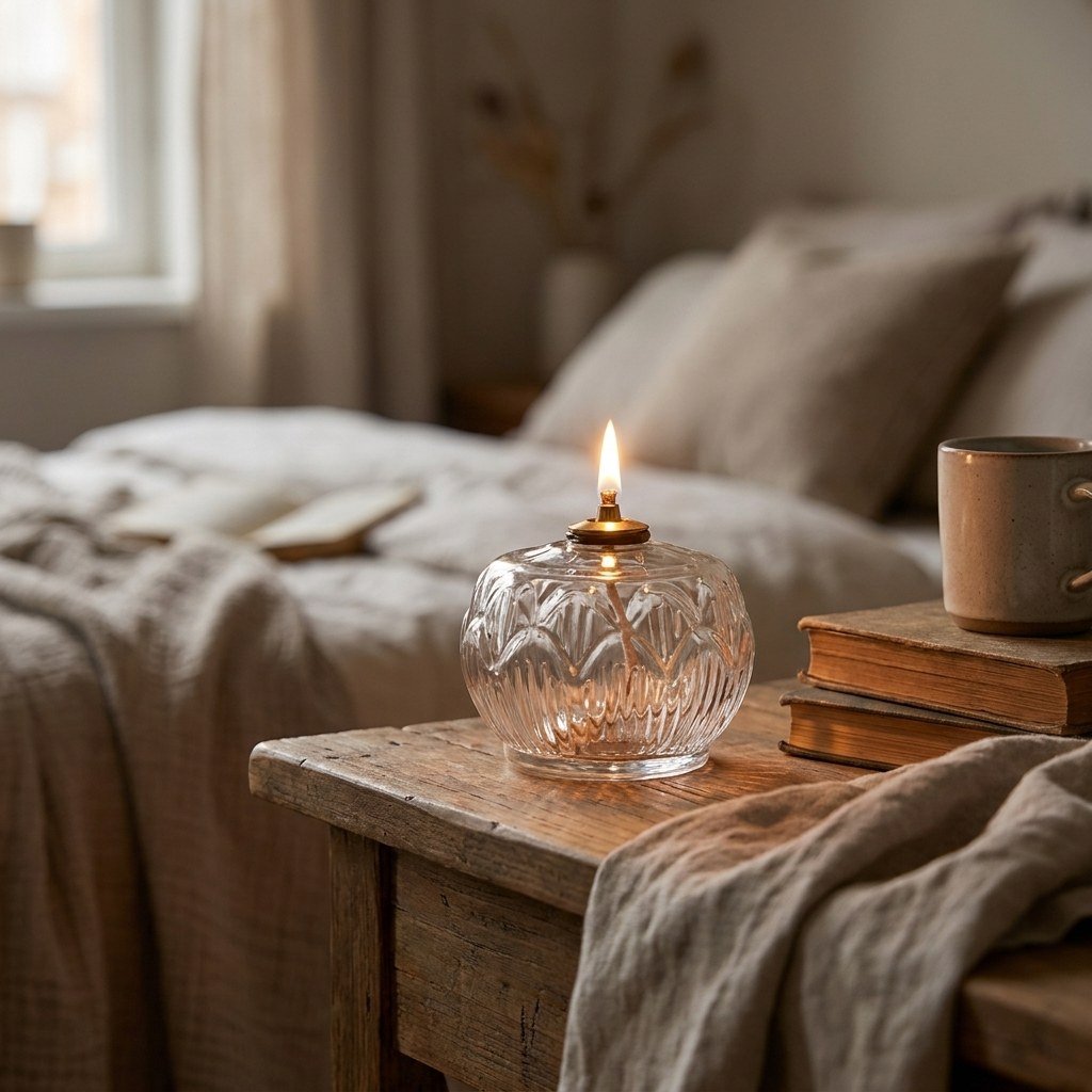 Lit Clear Ornament glass oil lamp on a bedside table beside a stack of books