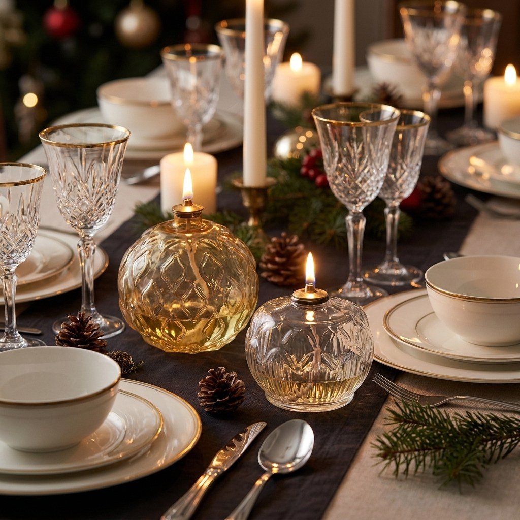 Lit Gold Ornament and Clear Ornament glass oil lamps on a festive dinner table with crystal glassware and candles