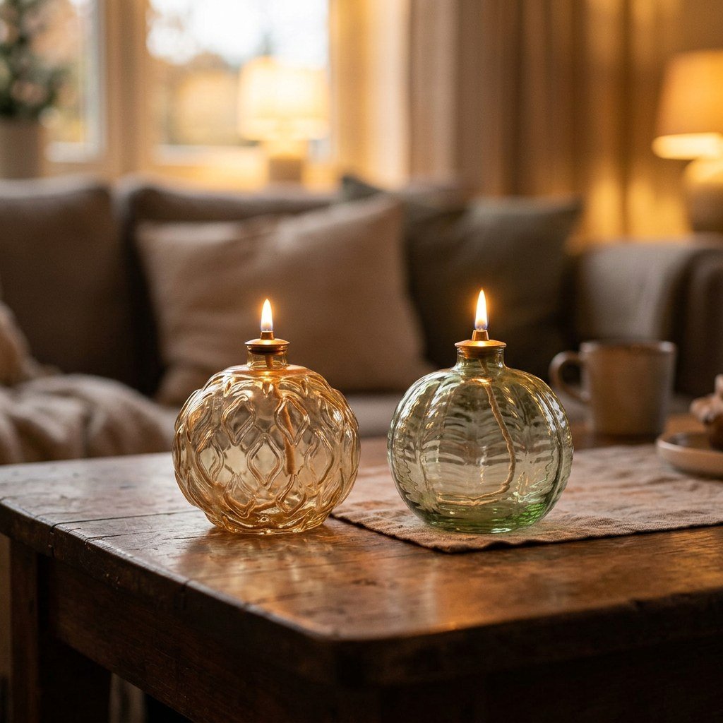 Lit Gold Ornament and Green Ornament glass oil lamps on a rustic wood coffee table in a cozy living room