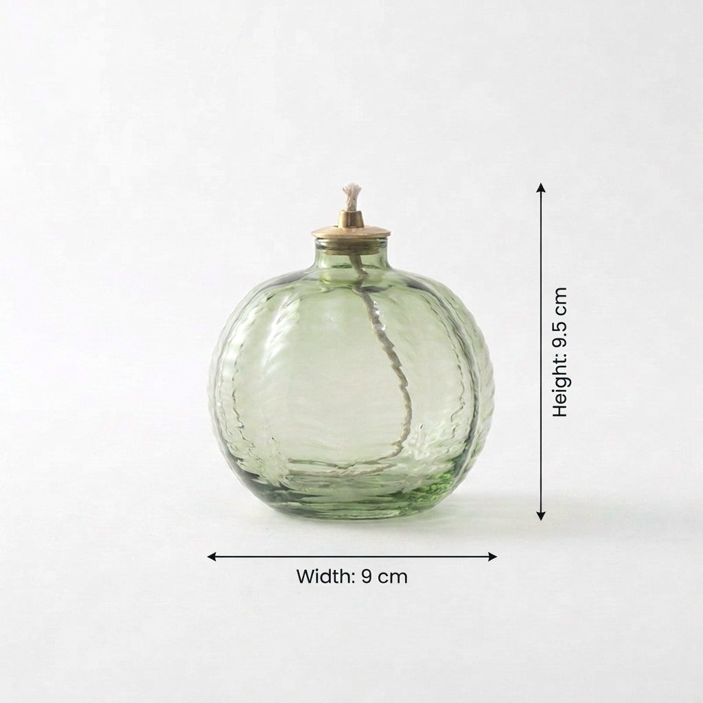 Green Ornament glass oil lamp dimensions: 3.7in/9.5cm height, 3.5in/9cm width