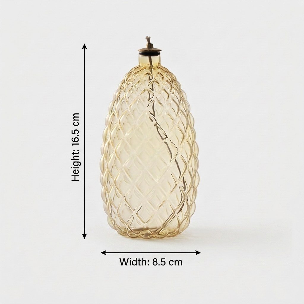 Pinecone glass oil lamp dimensions: 6.5in/16.5cm height, 3.3in/8.5cm width