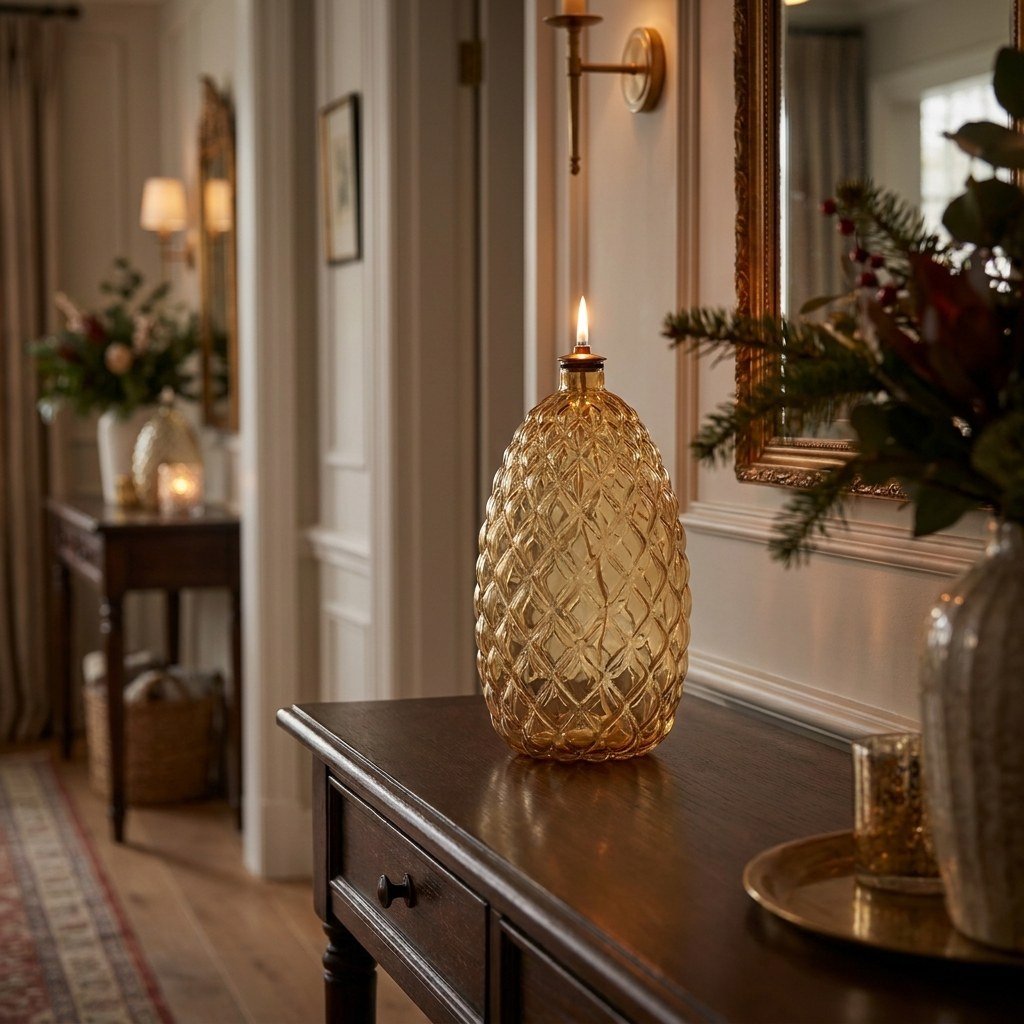 Lit Pinecone glass oil lamp on a console table in an entryway with a mirror and floral arrangement