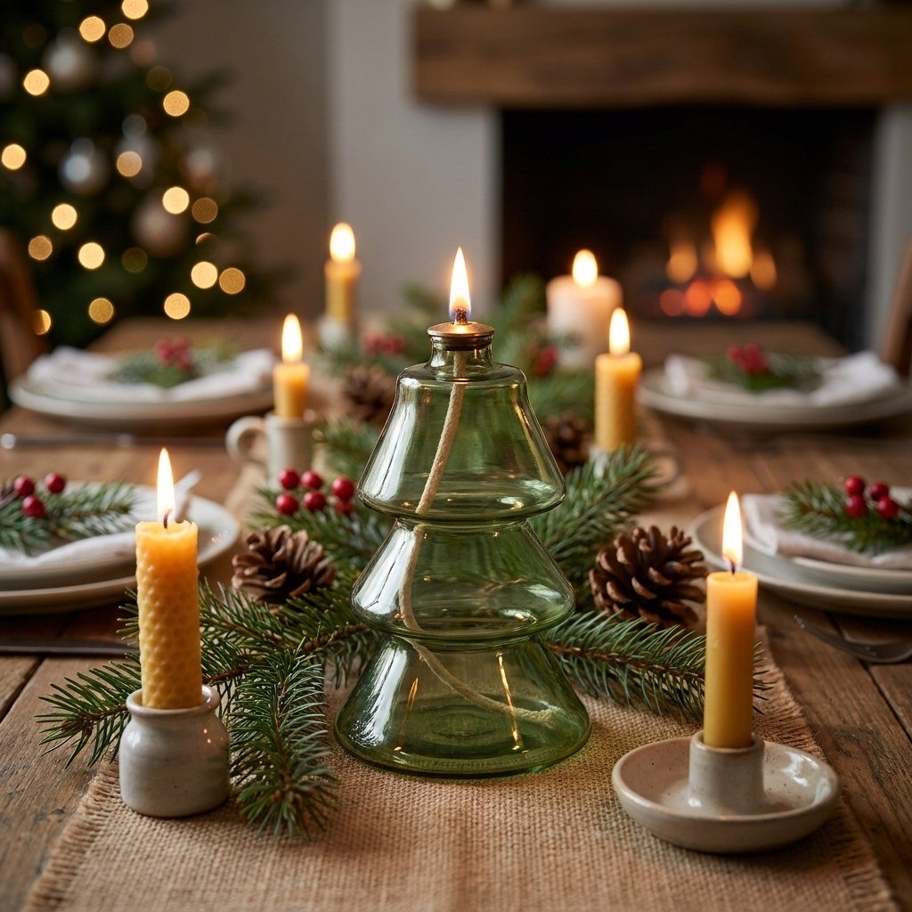 Lit Tree-shaped glass oil lamp on a holiday table set with candles, pinecones, and greenery
