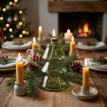 Lit Tree-shaped glass oil lamp on a holiday table set with candles, pinecones, and greenery